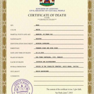 Lesotho vital record death certificate PSD template download template file