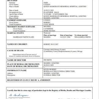 Lesotho vital record death certificate Word and PDF template download template file