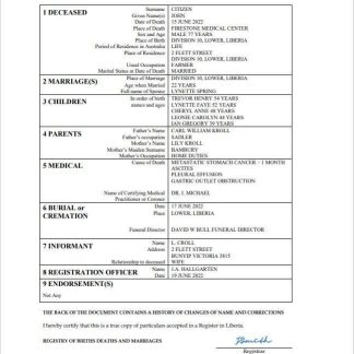 Liberia death certificate Word and PDF template download template file
