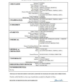 Libya death certificate Word and PDF template download template file