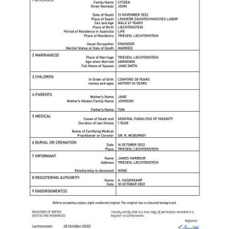 Liechtenstein vital record death certificate Word and PDF template download template file