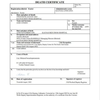 Lithuania vital record death certificate Word and PDF template download template file