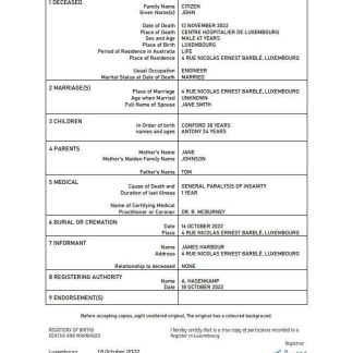 Luxembourg death certificate Word and PDF template download template file