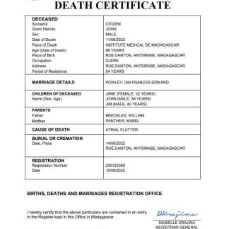 Madagascar vital record death certificate Word and PDF template download template file