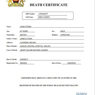 Malawi vital record death certificate Word and PDF template download template file