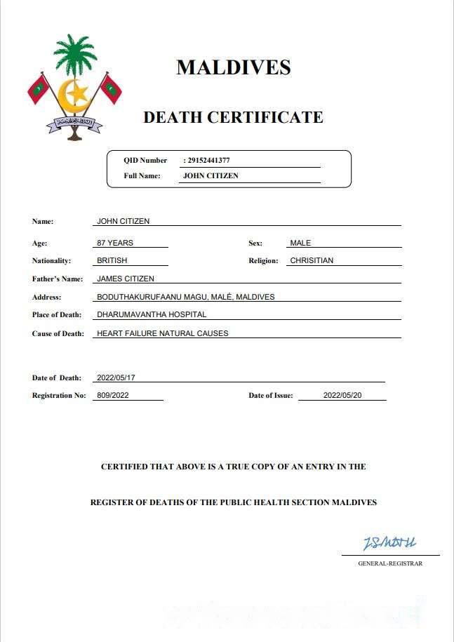 Maldives vital record death certificate Word and PDF template download template file