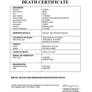 Mali vital record death certificate Word and PDF template download template file