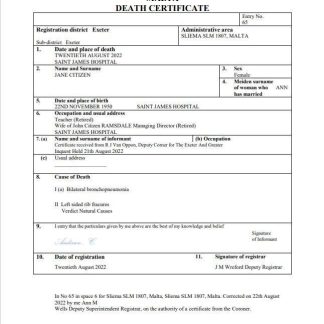 Malta death certificate Word and PDF template download template file