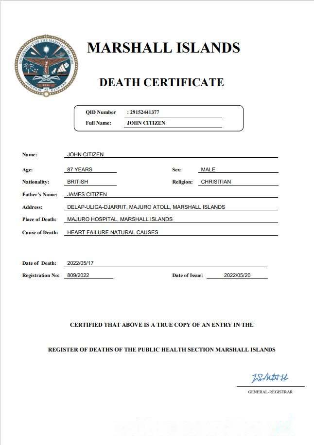 Marshall Islands vital record death certificate Word and PDF template download template file
