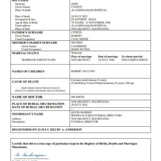 Mauritania vital record death certificate Word and PDF template download template file
