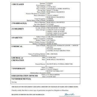Mauritius death certificate Word and PDF template, completely editable download template file