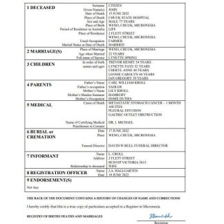 Micronesia vital record death certificate Word and PDF template download template file