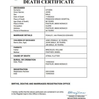 Monaco vital record death certificate Word and PDF template download template file