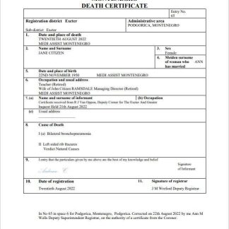 Montenegro death certificate Word and PDF template download template file