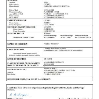 Morocco vital record death certificate Word and PDF template download template file