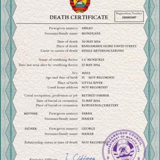 Mozambique vital record death certificate PSD template download template file