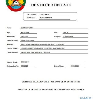 Mozambique vital record death certificate Word and PDF template download template file