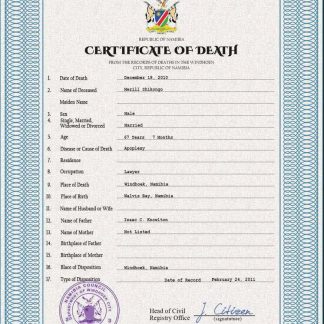 Namibia vital record death certificate PSD template download template file