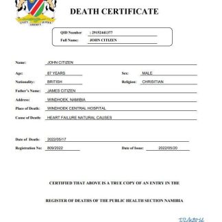 Namibia vital record death certificate Word and PDF template download template file