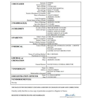 Nauru death certificate Word and PDF template download template file