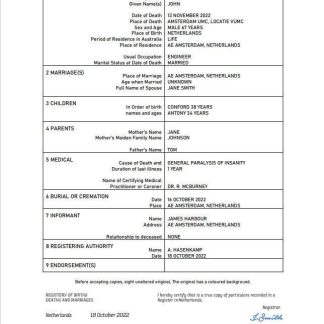 Netherlands vital record death certificate Word and PDF template download template file