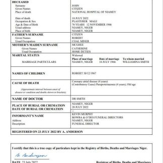 Niger death certificate Word and PDF template download template file