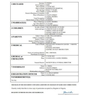 Nigeria vital record death certificate Word and PDF template download template file