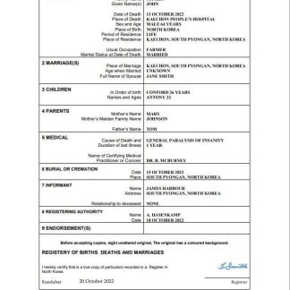 North Korea vital record death certificate Word and PDF template download template file