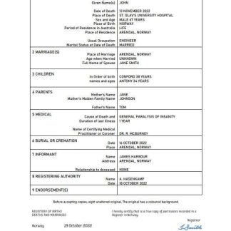 Norway vital record death certificate Word and PDF template download template file