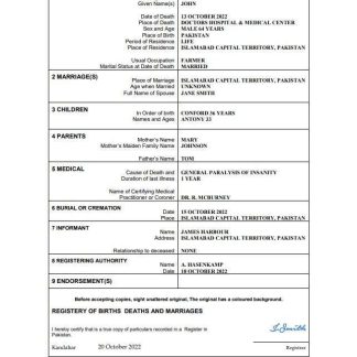 Pakistan death certificate Word and PDF template download template file