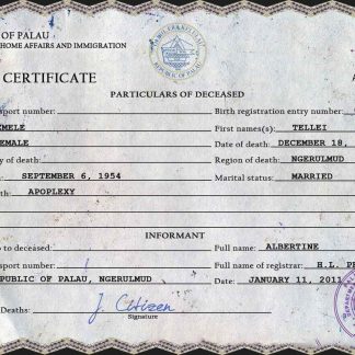 Palau death certificate PSD template download template file