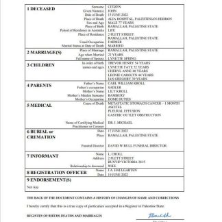 Palestine vital record death certificate Word and PDF template download template file