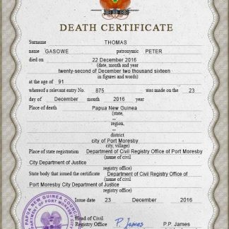 Papua New Guinea death certificate PSD template download template file
