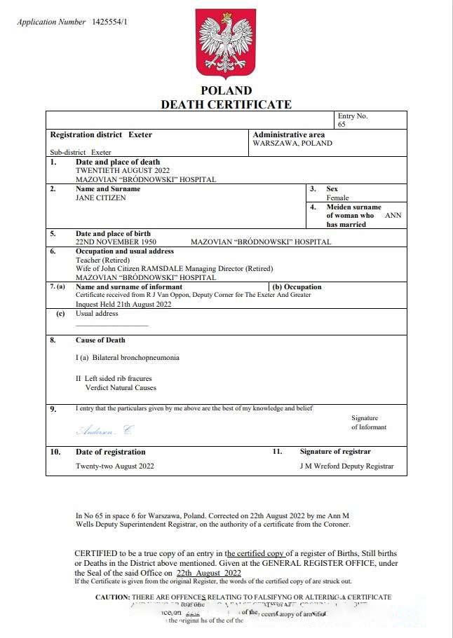 Poland death certificate Word and PDF template download template file