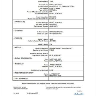 Portugal death certificate Word and PDF template download template file