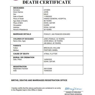 Qatar vital record death certificate Word and PDF template download template file