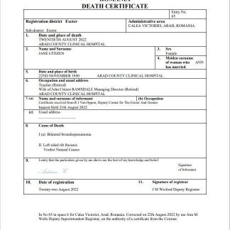 Romania vital record death certificate Word and PDF template download template file