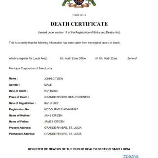 Saint Lucia death certificate Word and PDF template download template file