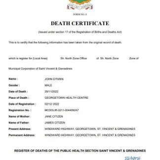 Saint Vincent and the Grenadines vital record death certificate Word and PDF template download template file