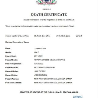 Samoa death certificate Word and PDF template download template file