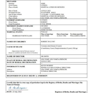 Sao Tome and Principe vital record death certificate Word and PDF template download template file