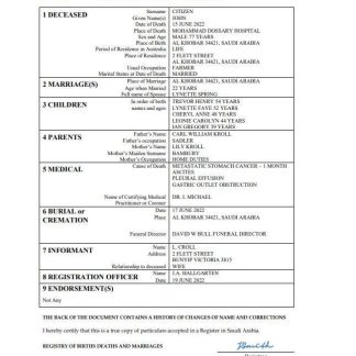 Saudi Arabia death certificate Word and PDF template download template file
