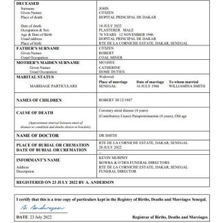 Senegal vital record death certificate Word and PDF template download template file