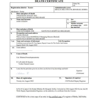 Serbia death certificate Word and PDF template download template file