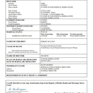 Sierra Leone death certificate Word and PDF template download template file