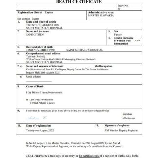 Slovakia death certificate Word and PDF template download template file