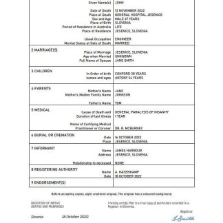 Slovenia vital record death certificate Word and PDF template download template file