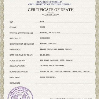 Somalia vital record death certificate PSD template download template file