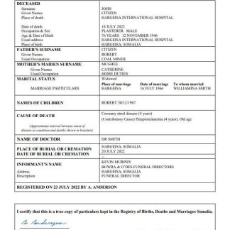 Somalia vital record death certificate Word and PDF template download template file