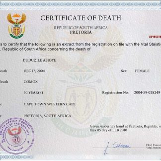 South Africa death certificate PSD template download template file